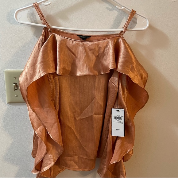 GUESS Womens Orange Cold Shoulder
Ruffled Silk Spaghetti Strap Square
Neck Top - Picture 3 of 8